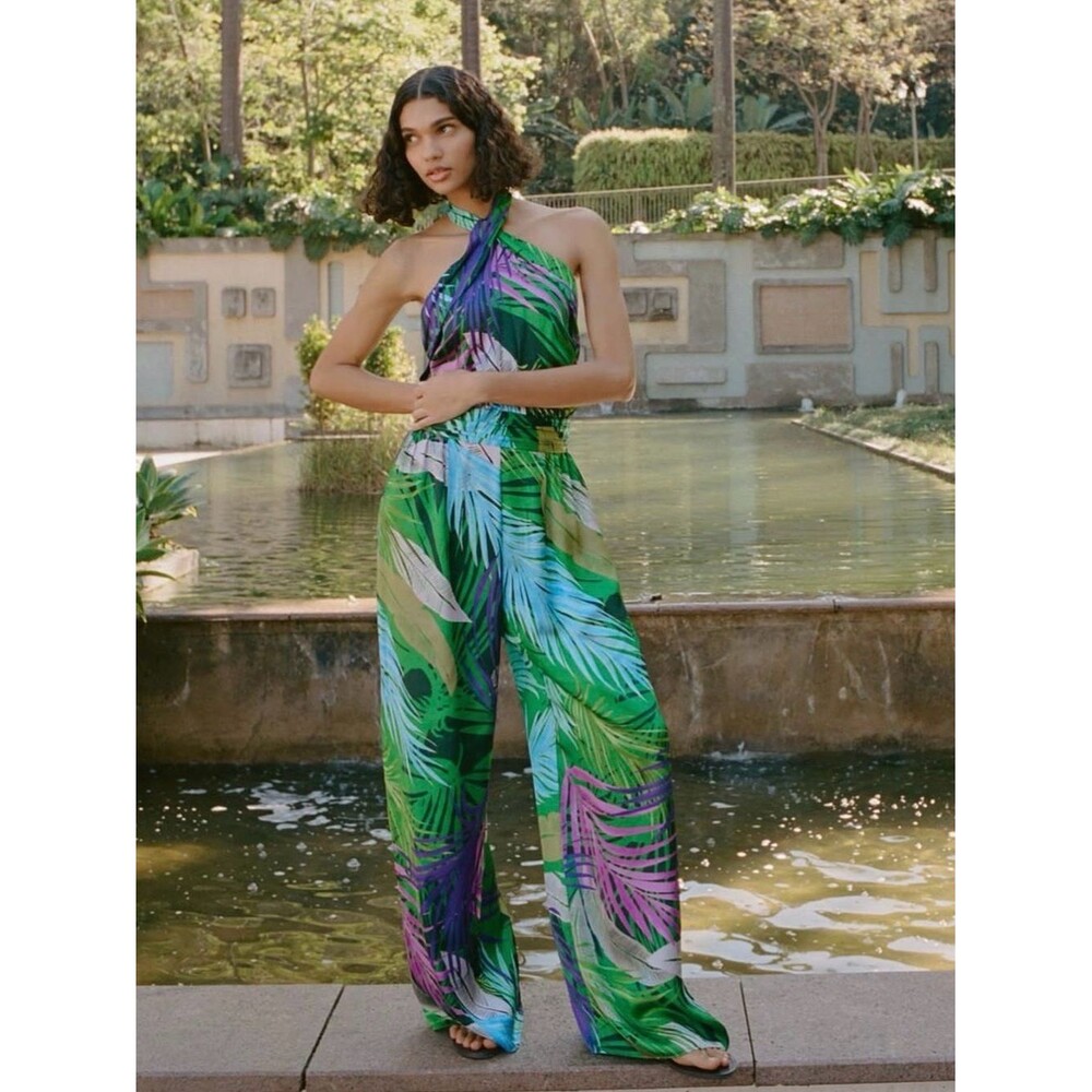 ZARA Tropical Leaf Halter Wide Leg Jumpsuit Green Purple NWT Small S Palazzo